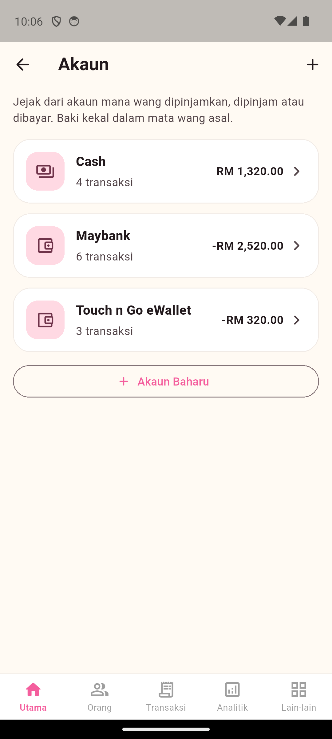 Pelbagai akaun tunai, bank dan e-dompet dalam Lumbayar Pro
