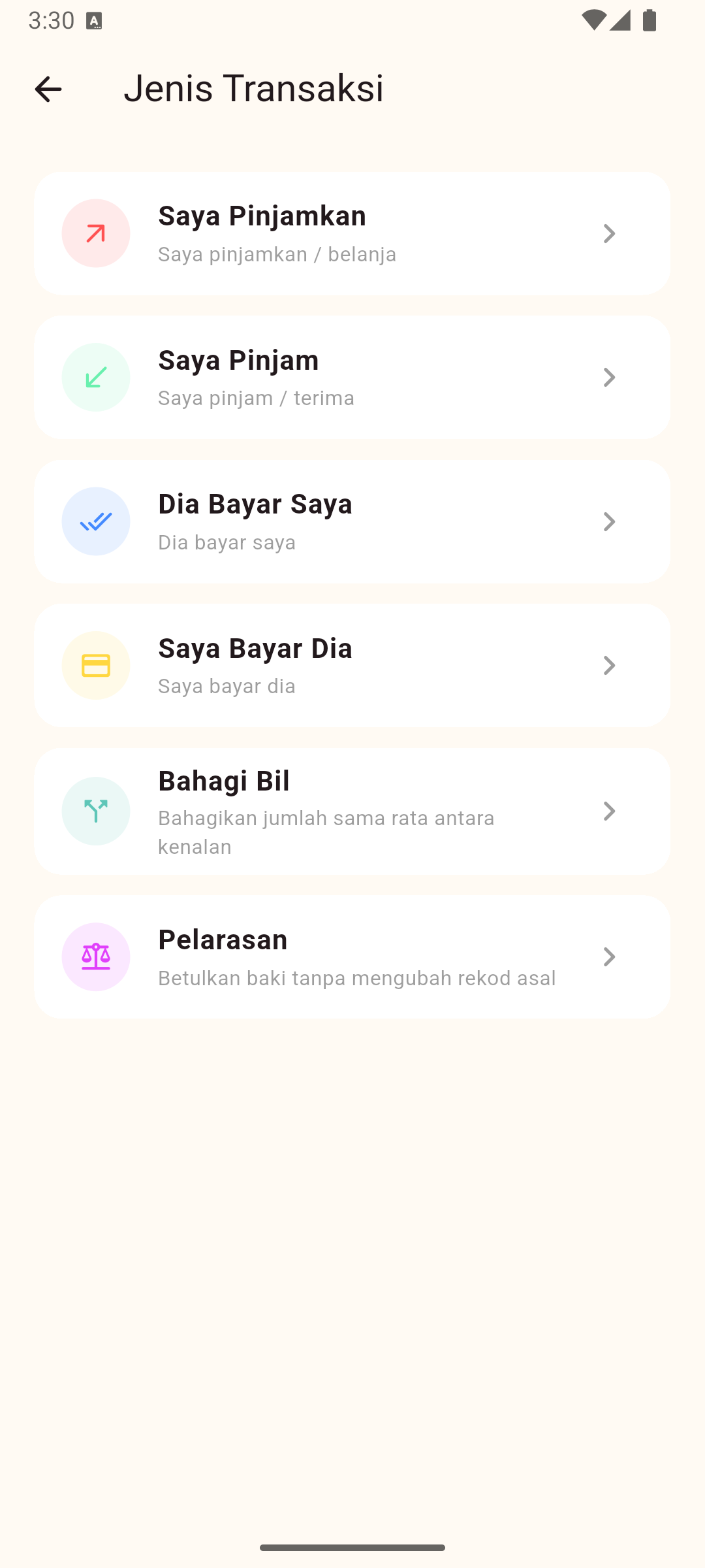Pilihan jenis transaksi Lumbayar untuk pinjaman, hutang, bayaran dan bahagi bil